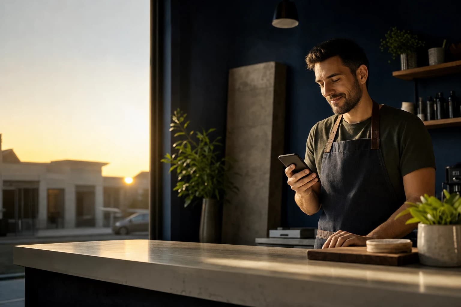 Local business owner checking a customer inquiry at the counter