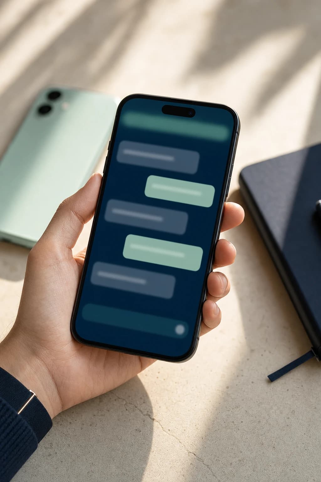 Hand holding a phone with an abstract customer messaging conversation
